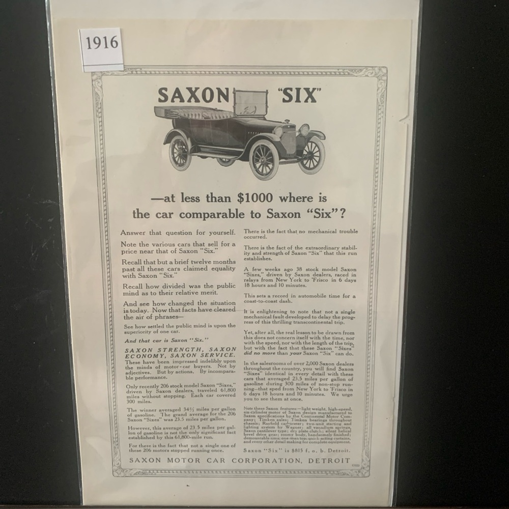 Vintage 1916 Saxon Six Less Than $1000 Where is the Car Comparable Advertisement